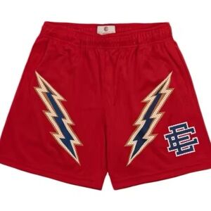 Eric Emanuel Red Athletic Shorts Lightning Bolt Design